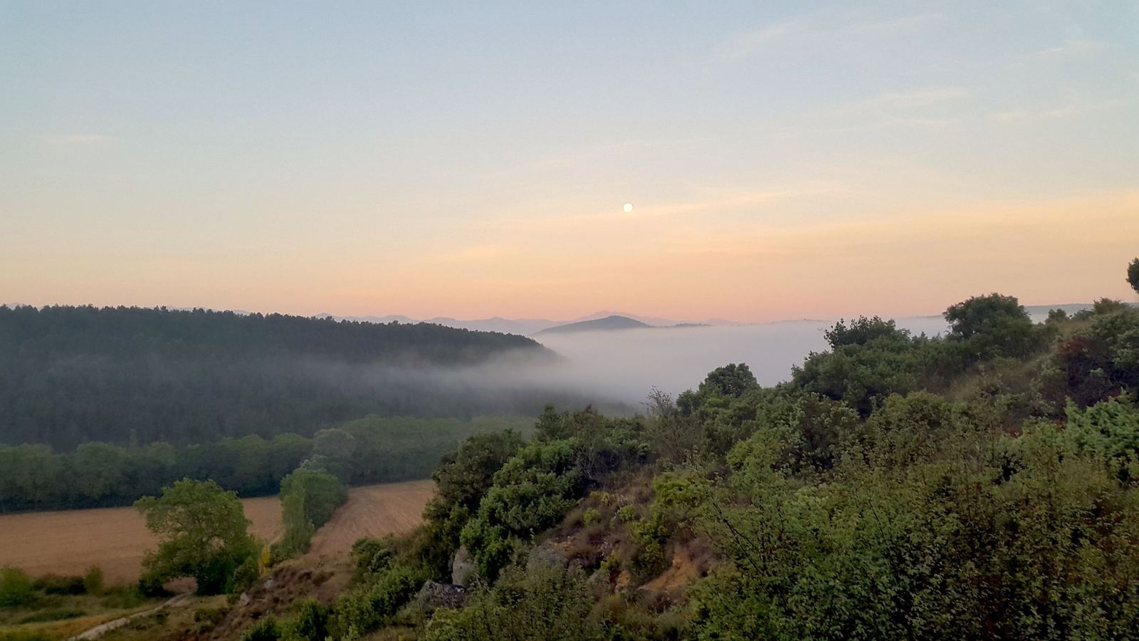 La lune à l'aube au-dessus de la vallée embrumée